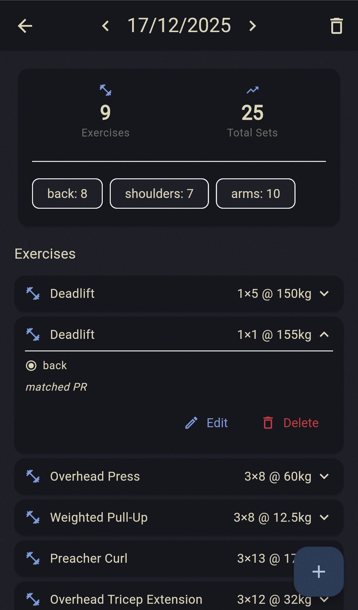 Workout session detail with exercises