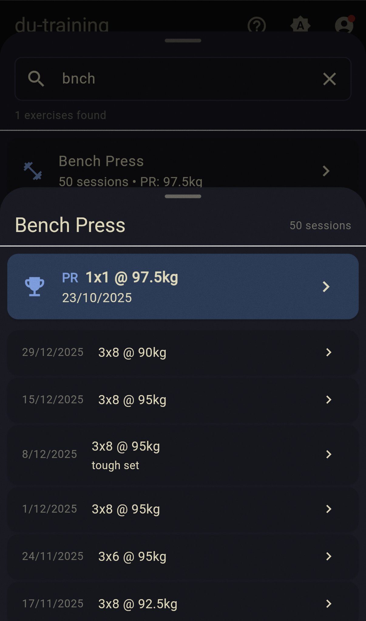 Exercise history and PR tracking