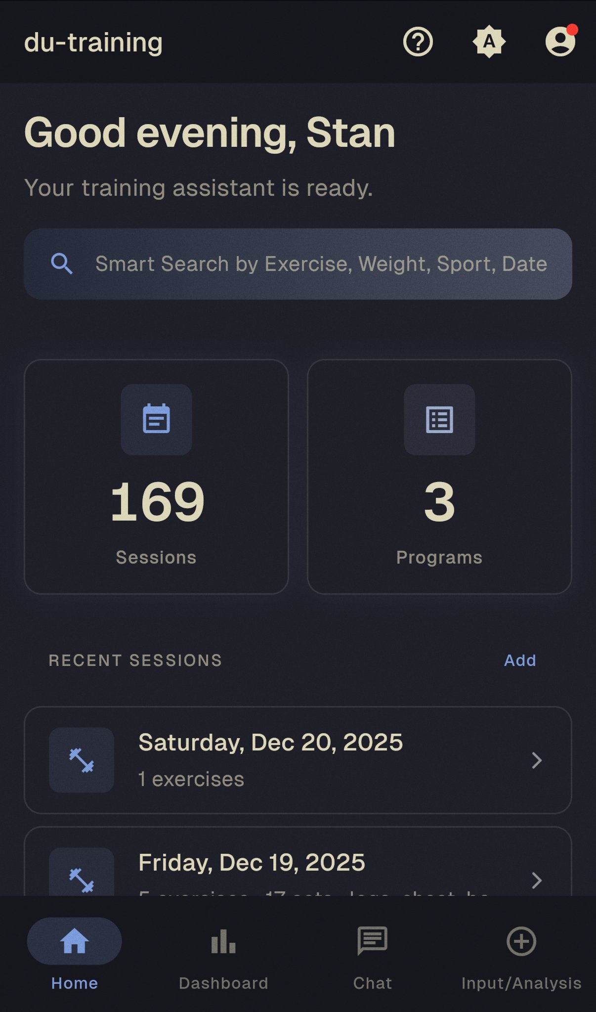 Home screen with session overview