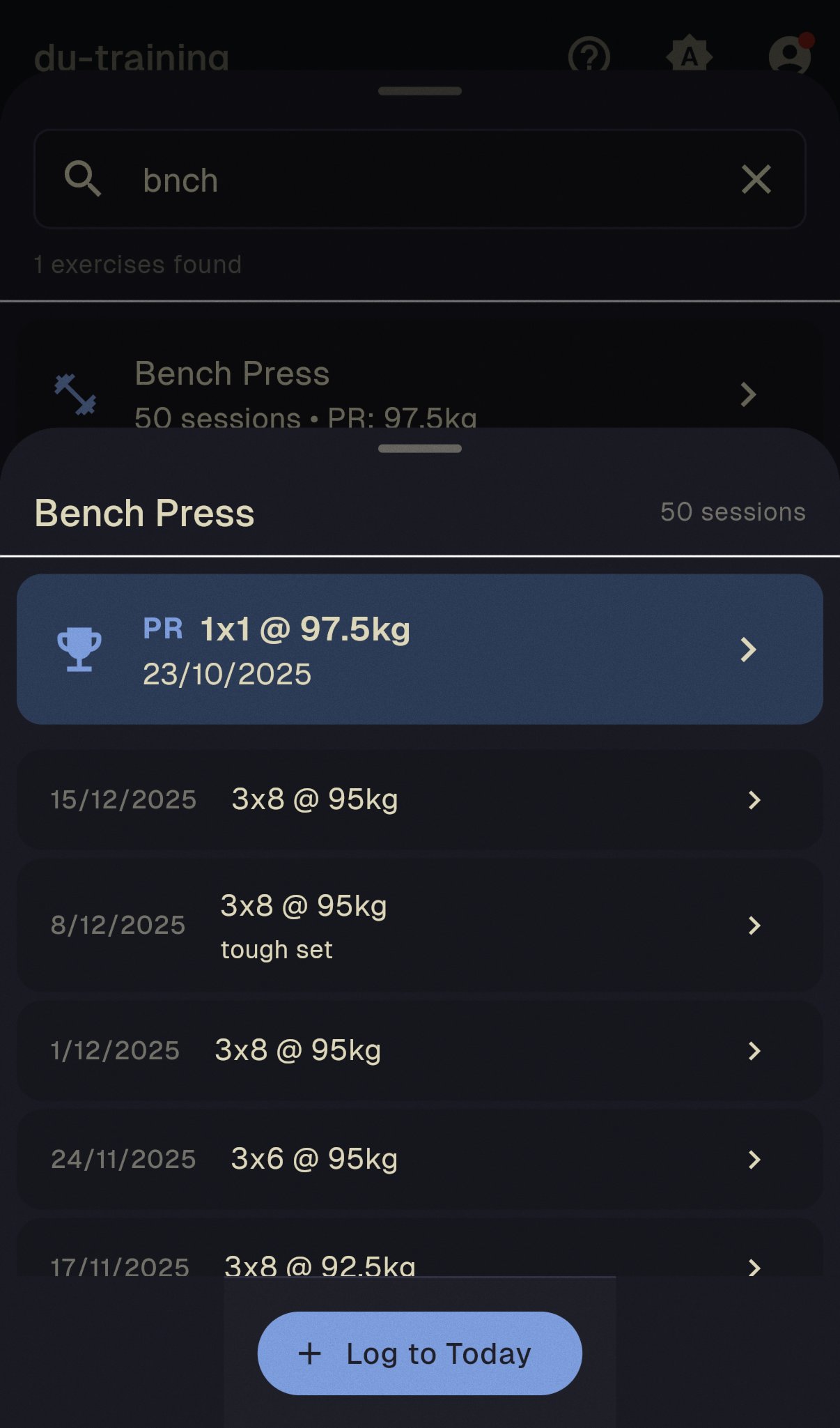 Exercise history with PR tracking