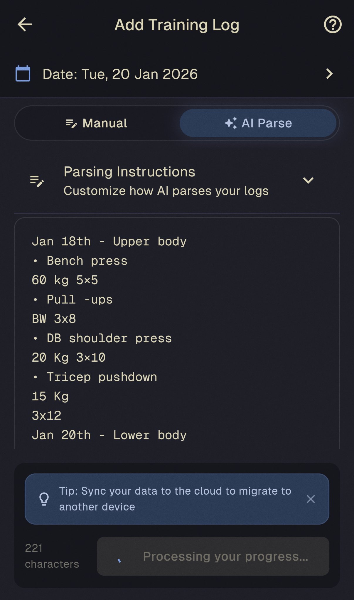 AI-parsed workout session showing structured data